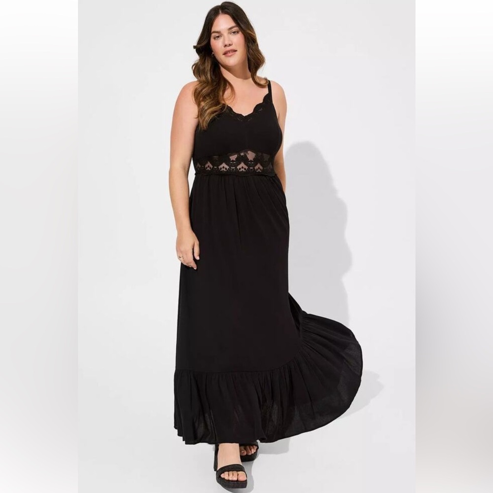NWT Torrid Women's Maxi Washable Gauze Lace Inset Dress Deep Black Size 1